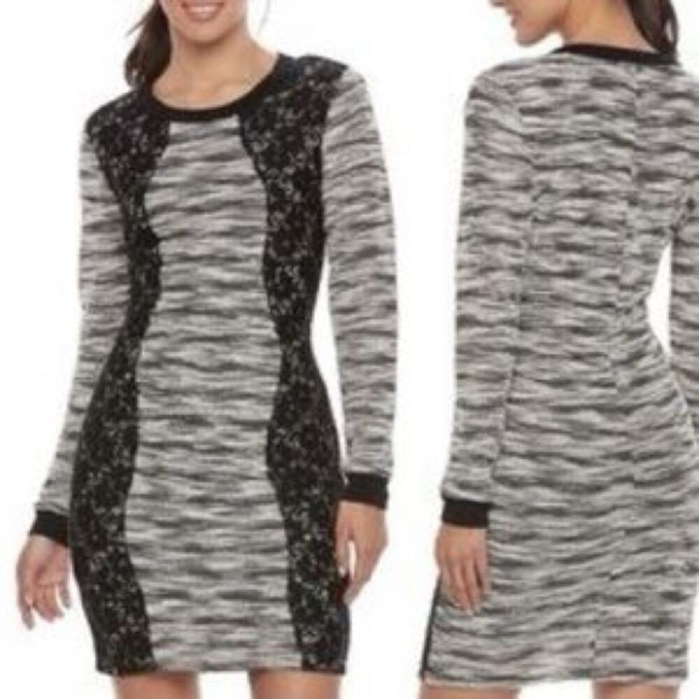 Three Pink Hearts black white long sleeve knit crocheted sheath dress sz M
b36